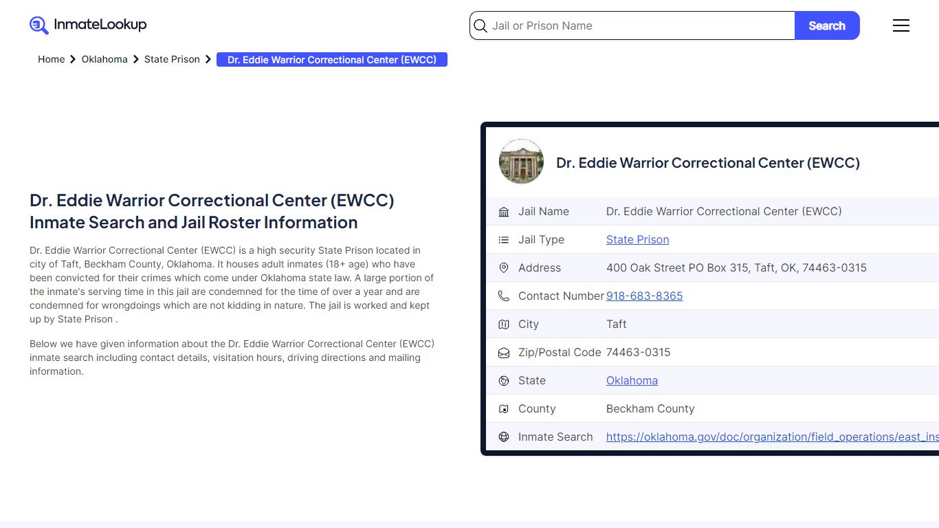 Dr. Eddie Warrior Correctional Center (EWCC) Inmate Search - Inmate Lookup